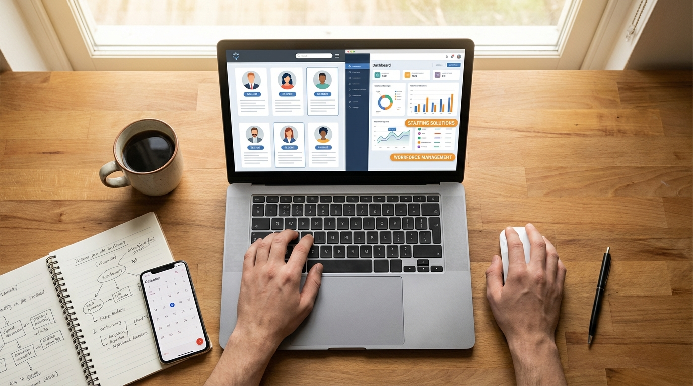 Recruitment strategies and staffing solutions visualized with data graphs and technology