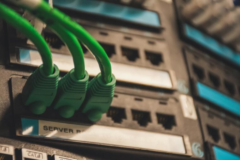 Network cables connected to server ports for cybersecurity infrastructure